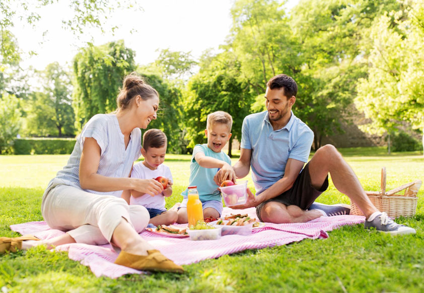 Una famiglia in un parco che fa pic-nic con cibo sano, a simboleggiare il servizio di piano alimentare offerto da COI.
